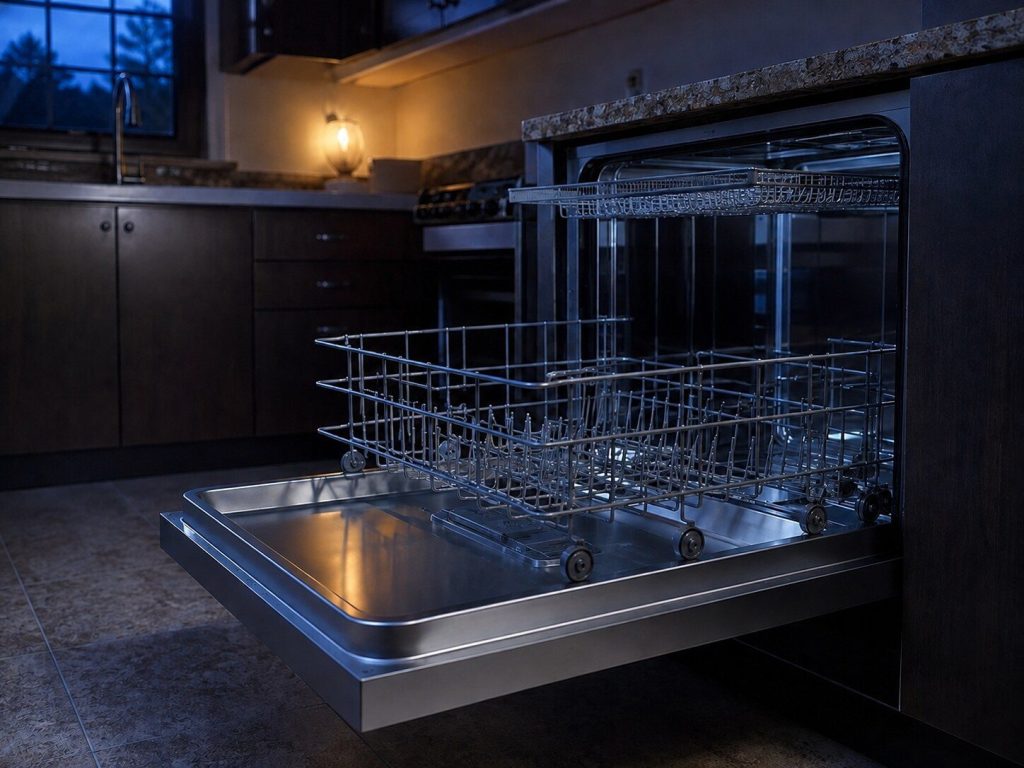 a dishwasher door open to horizontal in a DARK kitchen with the racks rolled out