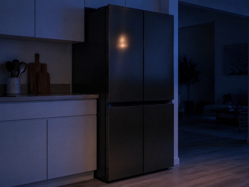 a tall French door refrigerator flush at the end of a cabinet run in an EVENING kitchen — the make is freestanding and the palette is near-black