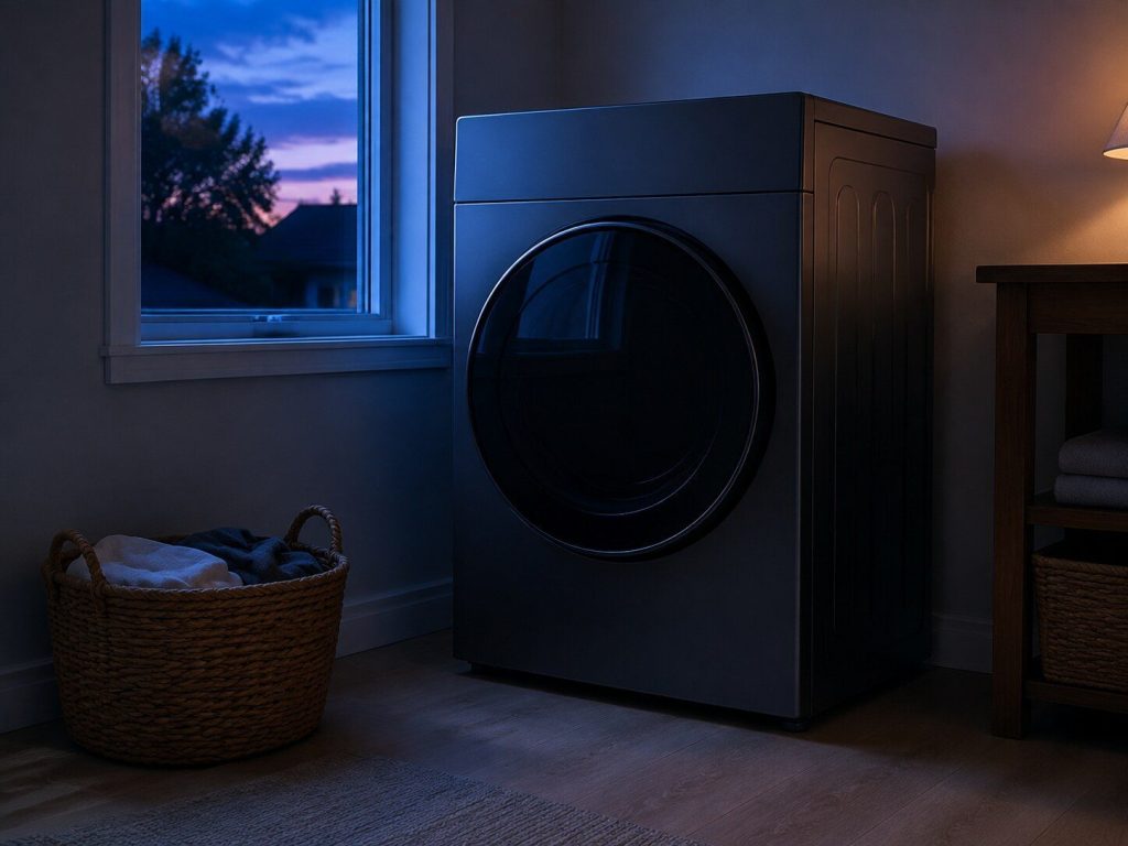 a front-load dryer beside a laundry-room window at dusk