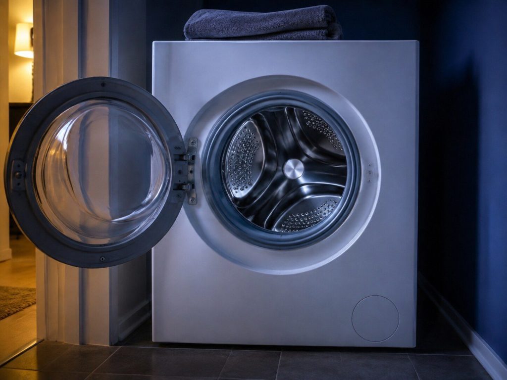 a front-load washing machine with its door swung fully open