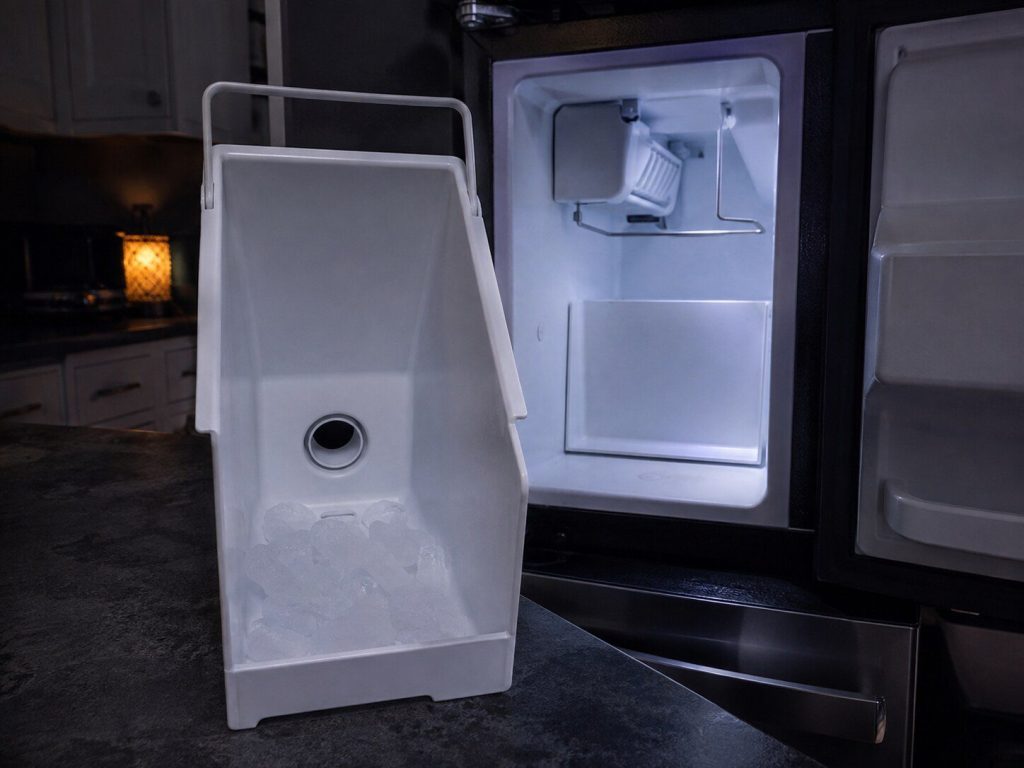 the ice storage bin lifted out of its compartment — LG's ice maker lives inside the refrigerator, so the bin is the honest subject rather than an undercounter machine