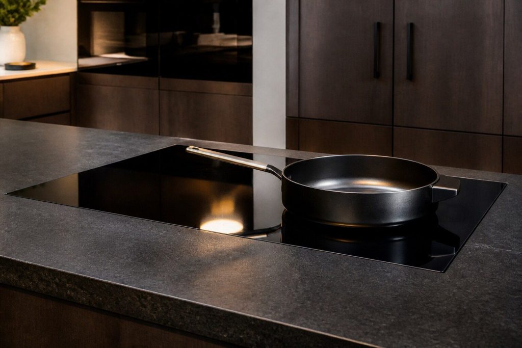 a wide induction cooktop flush in a dark stone worktop
