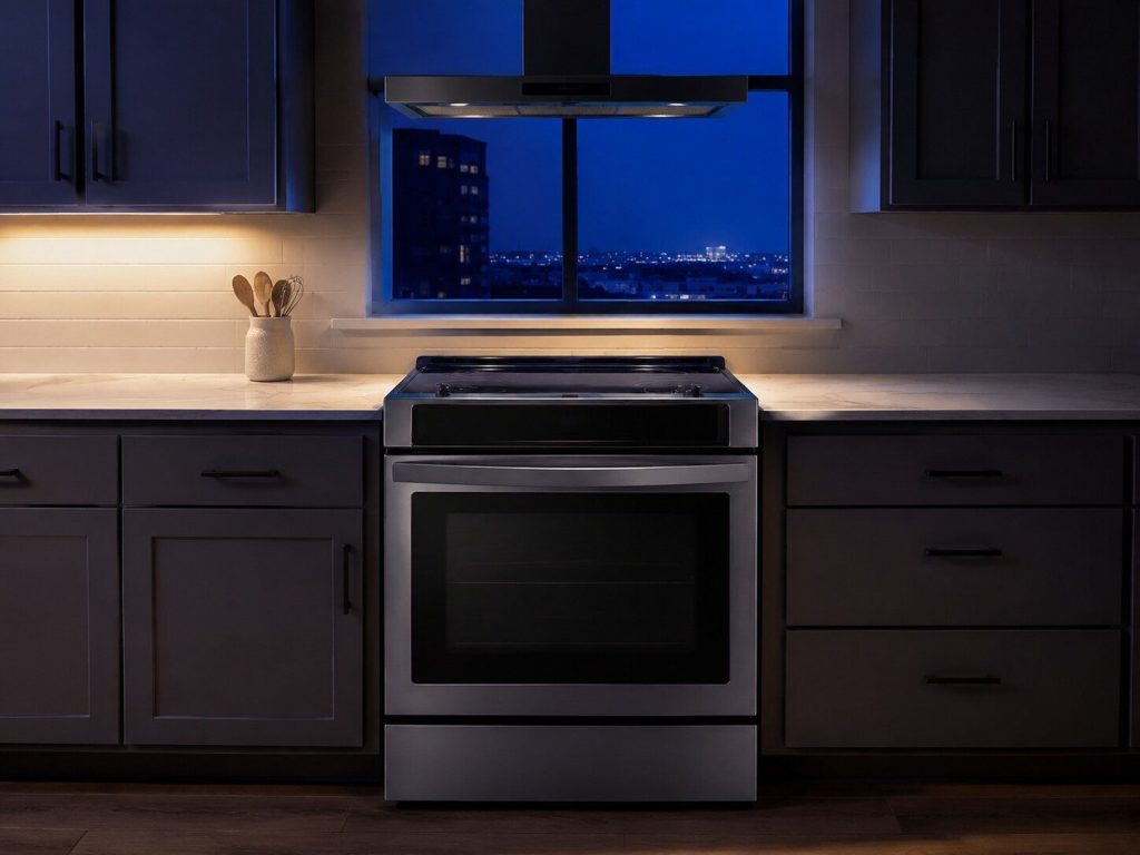 a slide-in range fitted between two runs of counter