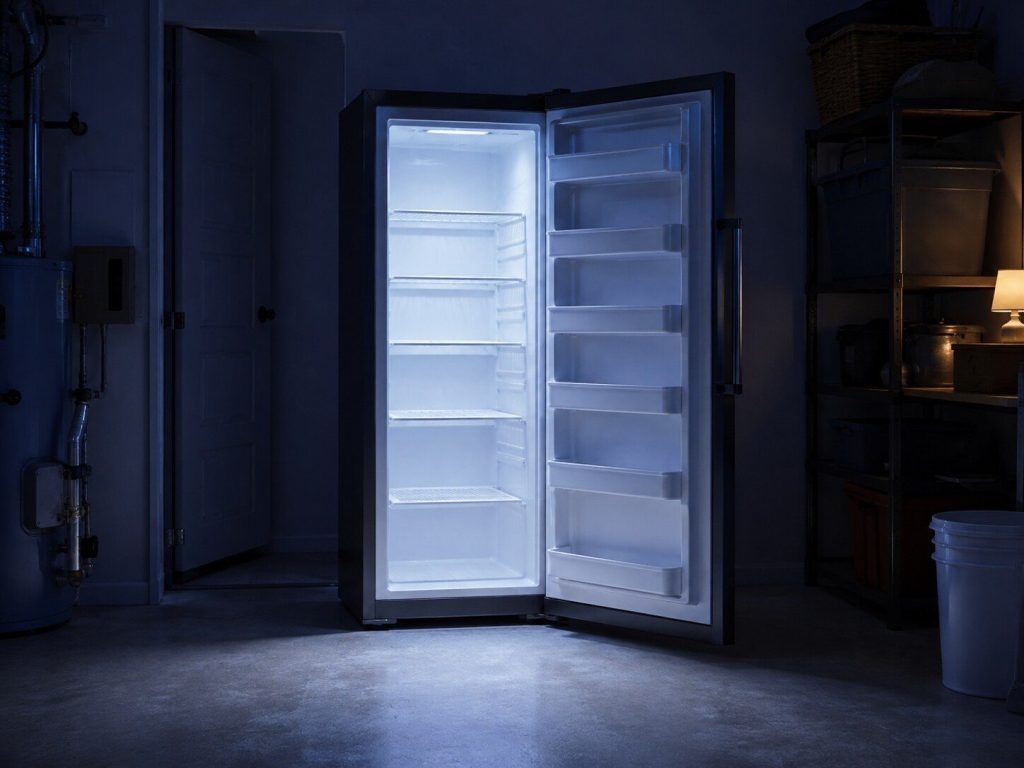 a tall single-door upright freezer standing open in a utility room