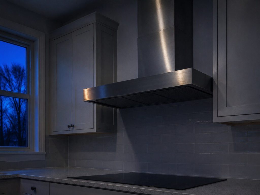 a wall-mounted chimney hood above an empty cooktop