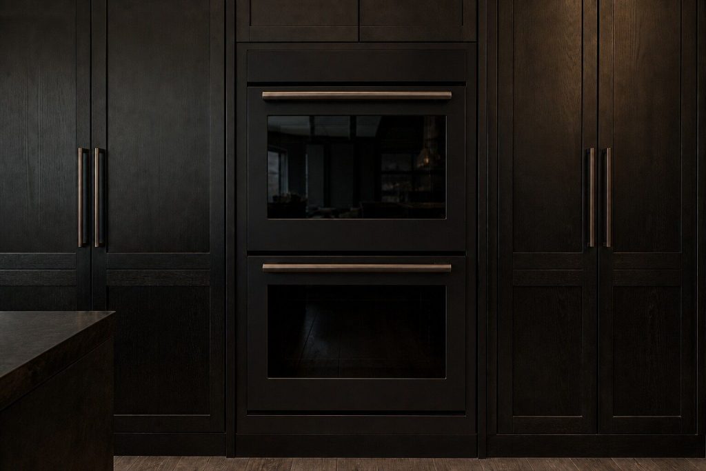 a double wall oven stack in a run of dark tall cabinetry