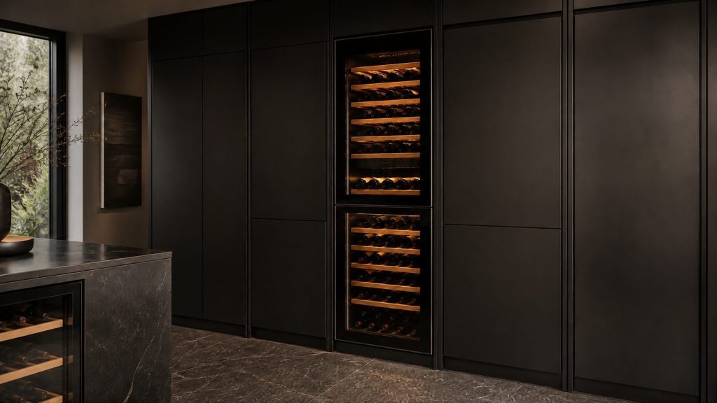 a tall wine cabinet with a full-height glass door in a run of near-black cabinetry