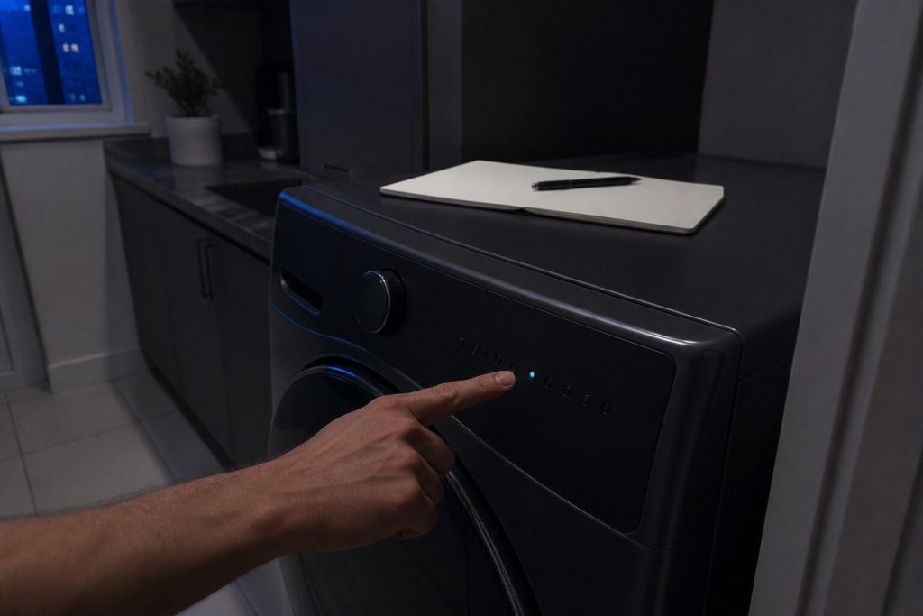 A finger pointing at one small indicator lamp in a row on a laundry machine's control panel in a dark room, that lamp lit and the rest dark, a notebook and pen on the machine's top.