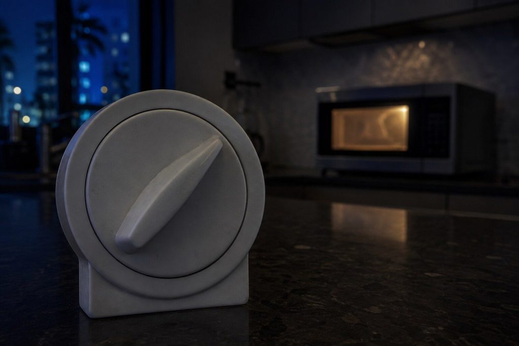 A kitchen timer standing on a dark counter with its dial turned, an out-of-focus microwave running behind it, its cavity light the only glow in the room.