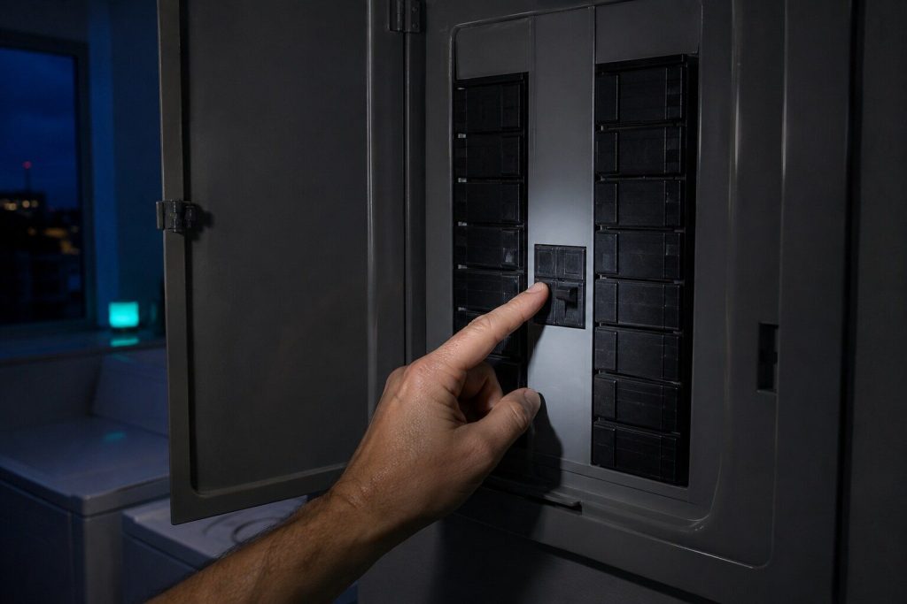 A finger switching a double-width breaker in a domestic electrical panel with the cover door open, the other breakers in rows either side.