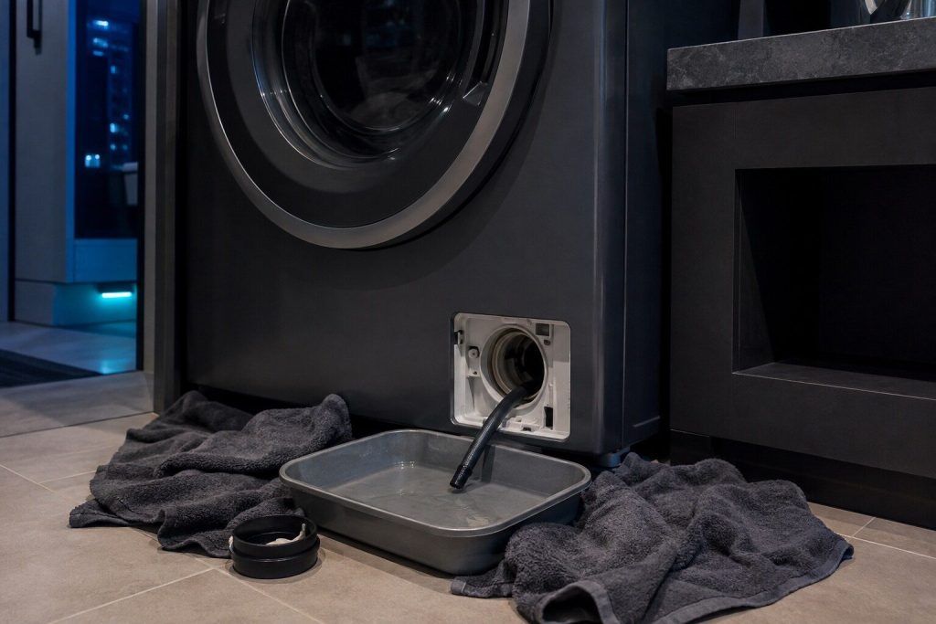 A short drain tube pulled out beside a washing machine's pump filter with its cap off, running into a shallow tray on the floor, towels laid around it.