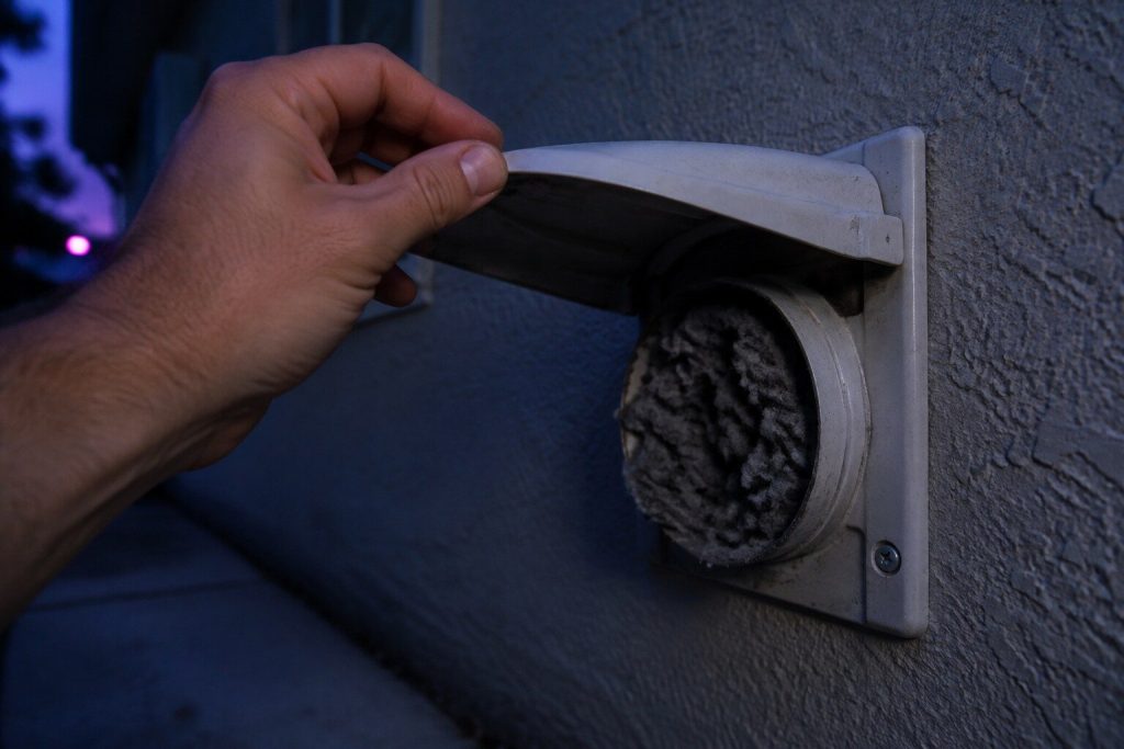 A hand holding open the hinged flap of a dryer vent on an exterior house wall at dusk, packed grey lint visible in the duct behind it.