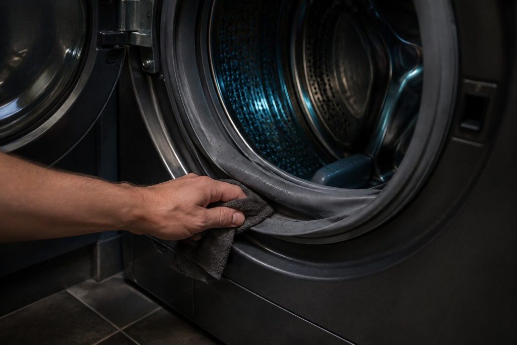 The rubber boot gasket of a front-loading washing machine rolled back at the bottom of the door opening and a cloth wiping the fold underneath it.