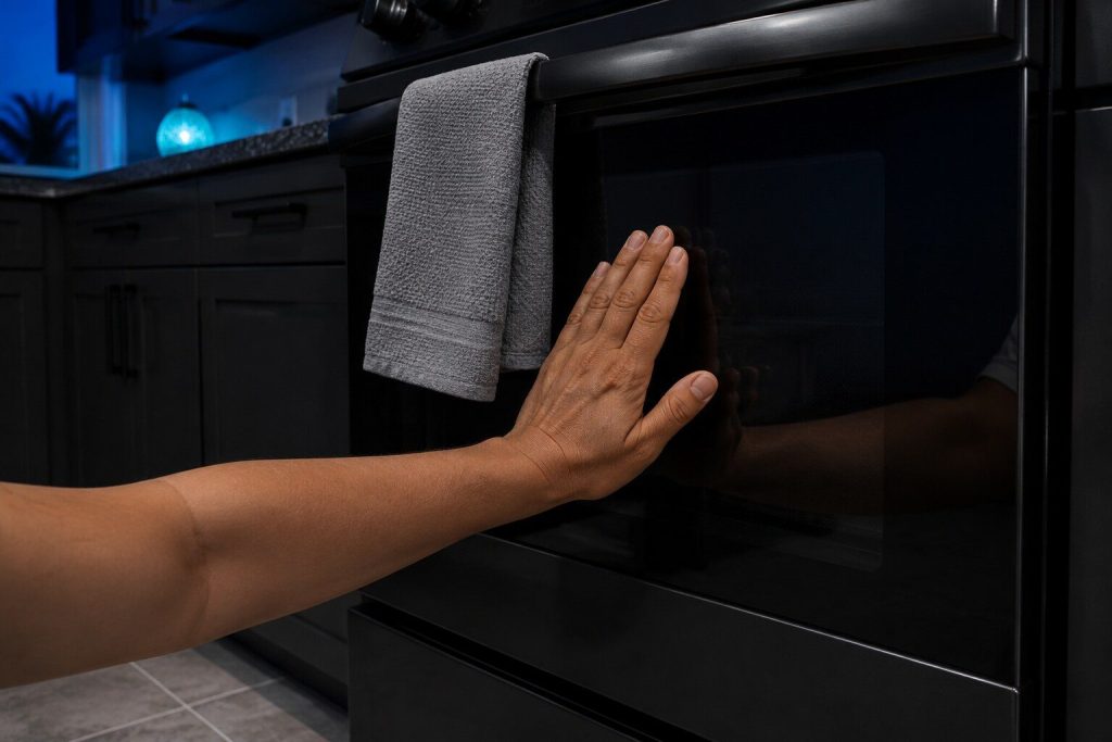 The back of a hand laid flat against the glass of a closed oven door to test the temperature, the oven dark and unlit, a kitchen towel over the handle.