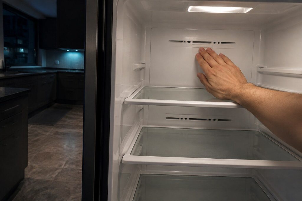 A hand held flat in front of the slotted vents in the back wall of a refrigerator's fresh food compartment, feeling for air, the shelves pushed back to reach them.
