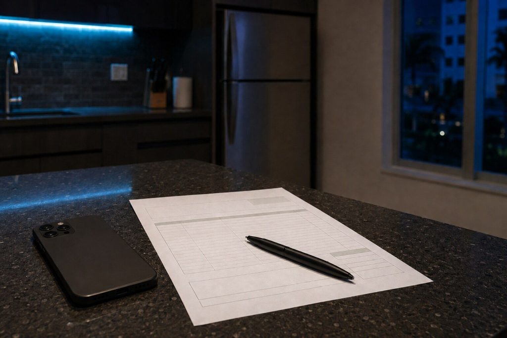 A printed service invoice lying on a dark quartz counter with a phone beside it face down and a pen across the page.
