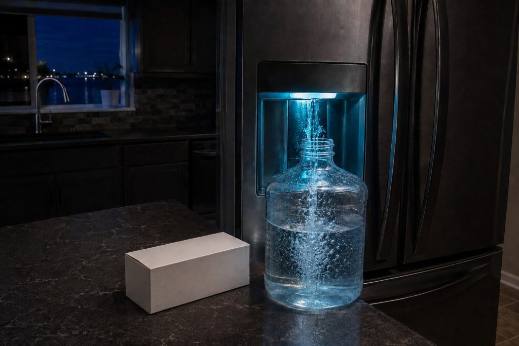 A large jug on the counter filling from a refrigerator dispenser and spitting air, a new filter carton lying beside it.