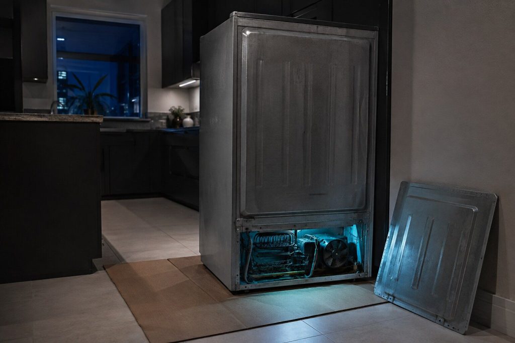 The rear access panel of a refrigerator unscrewed and leaned against the wall beside the cabinet, which has been pulled out onto a sheet of cardboard, the coil and fan visible in the opening.