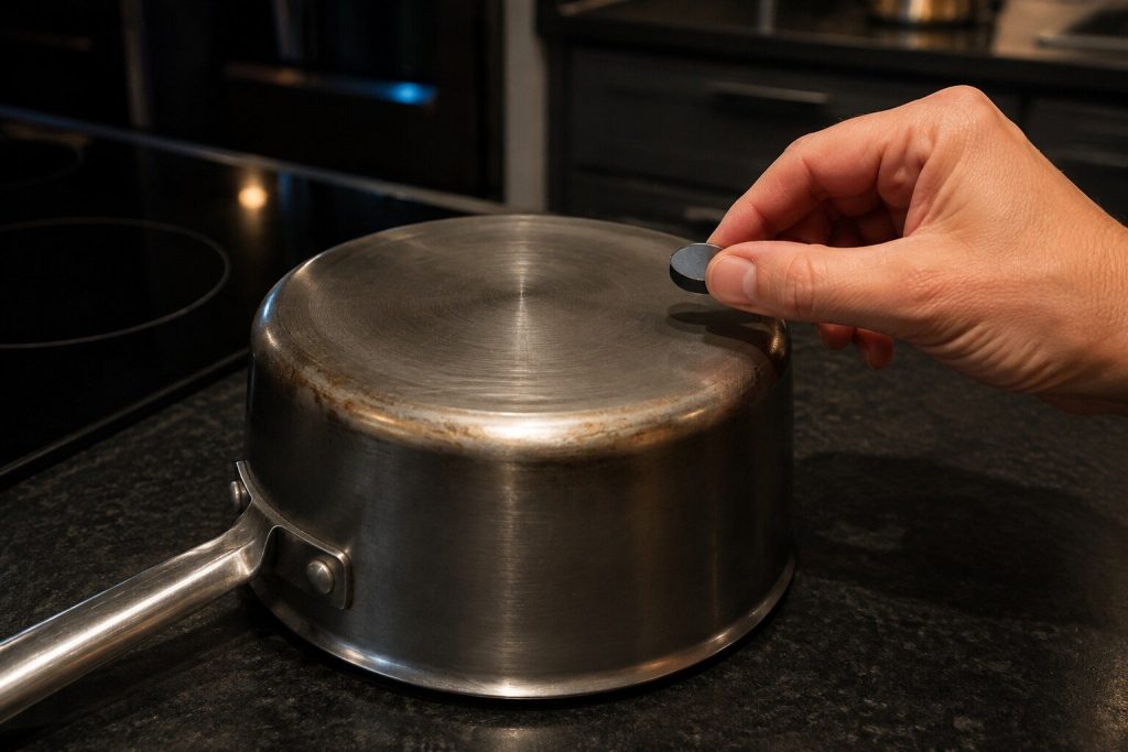 A small magnet held against the base of a saucepan turned upside down on a dark counter beside an induction cooktop, the magnet not sticking.
