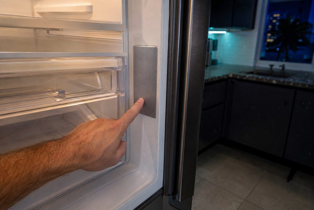 A hand pointing at a blank metal rating plate on the inner frame of a refrigerator compartment beside the crisper drawers, the door held open.