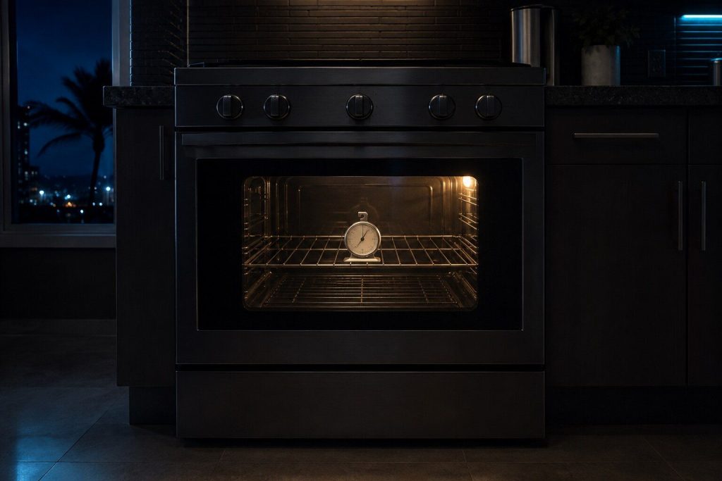 A dial oven thermometer standing alone in the middle of an otherwise empty oven rack, the door closed and the thermometer seen through the glass with the cavity light on.