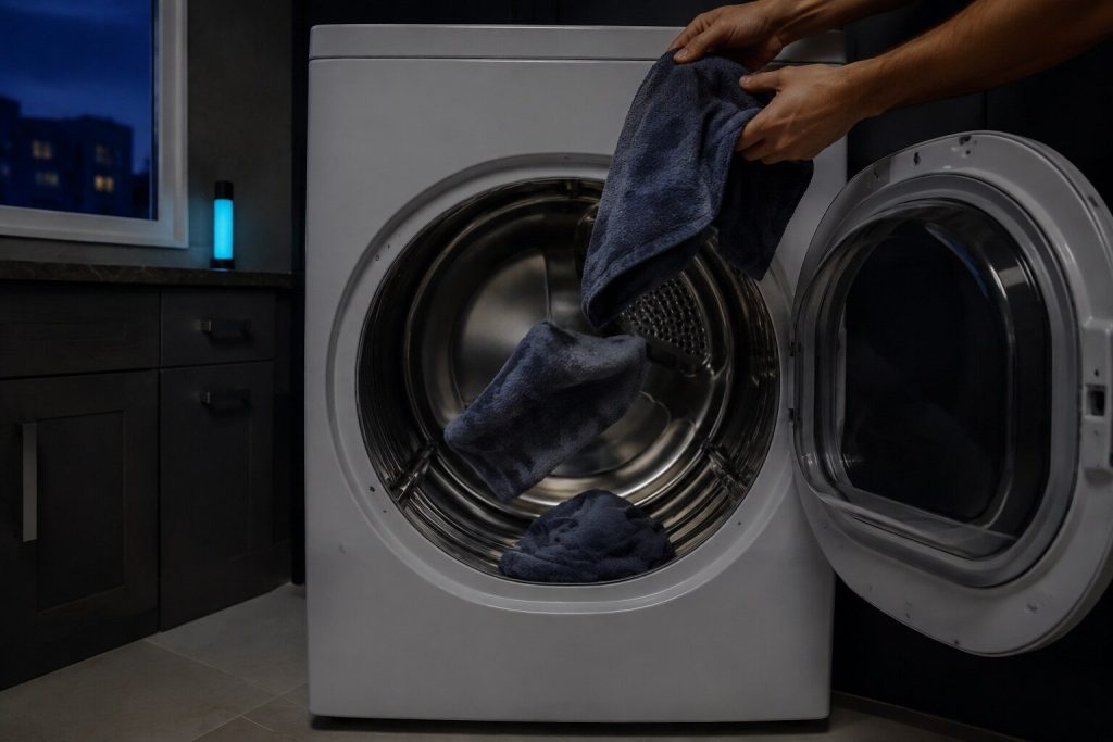 Three damp towels being dropped one at a time into an otherwise empty dryer drum through the open door, water still dark in the fabric.