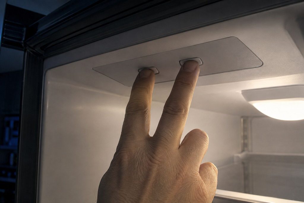 Two fingers holding down two buttons at once on the flat control panel inside the top of a refrigerator's fresh food compartment.