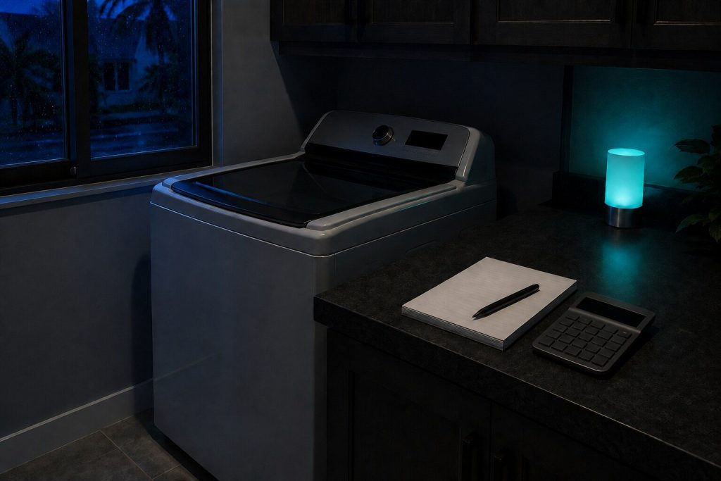 A notepad and a calculator lying on the folding counter of a laundry room beside a closed washing machine, a pen resting on the pad.