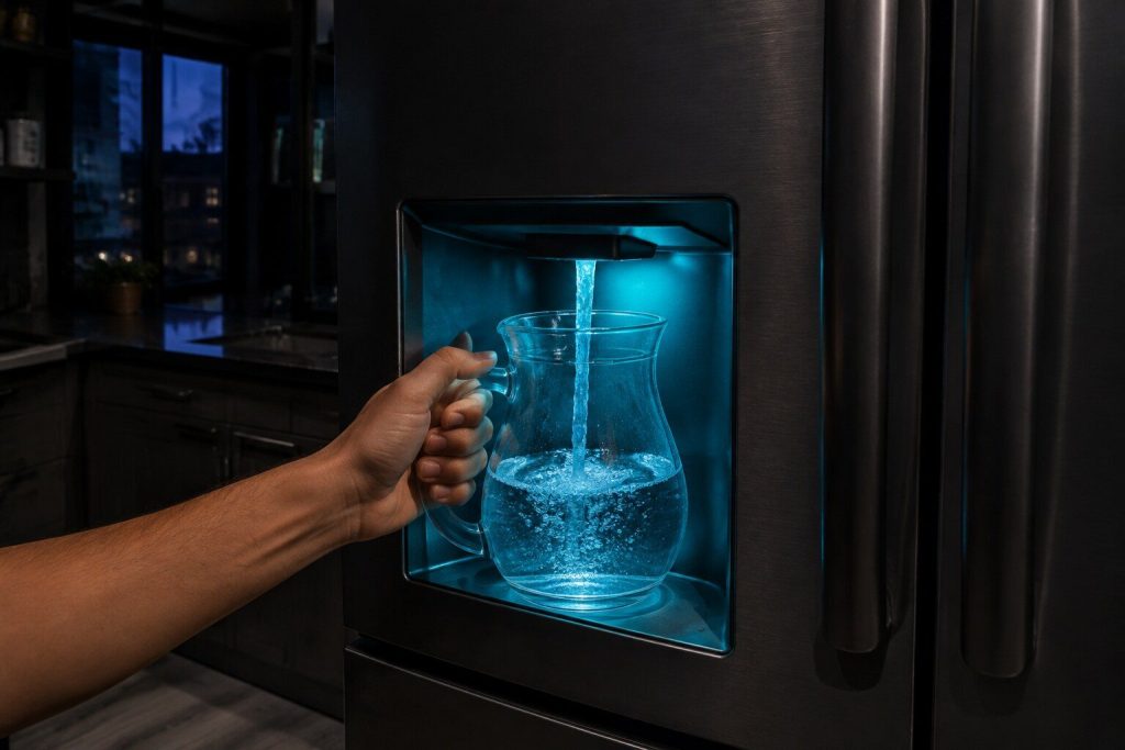 A glass jug held under a refrigerator's water dispenser and filling steadily, the dispenser recess lit, the rest of the kitchen dark.