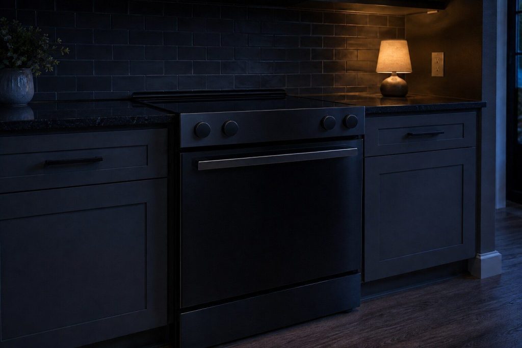 a freestanding range in black stainless in a near-black kitchen — the finish this SKU sells in, and the palette this site is in