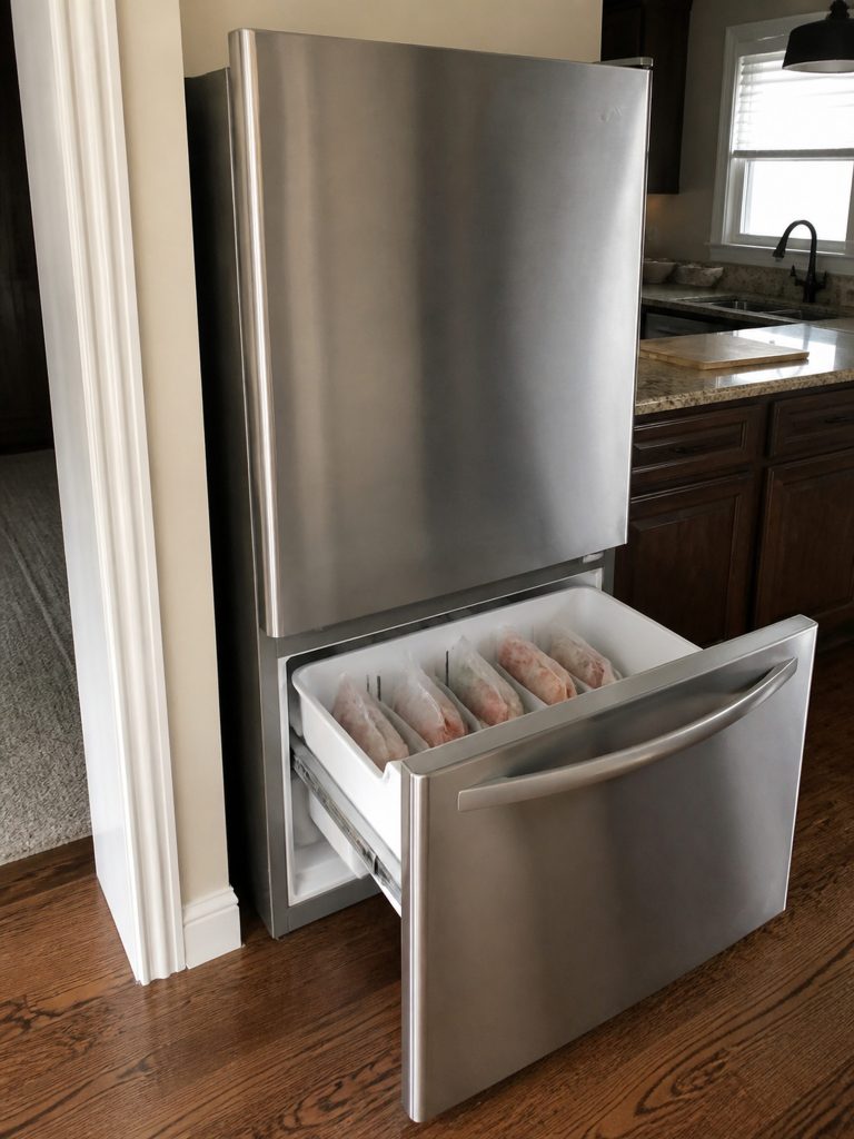 a bottom-mount refrigerator with the freezer drawer pulled fully out on its runners