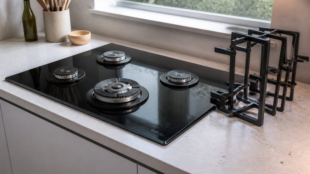 sealed burners on a single sheet of black glass — gas-on-glass, which is what this line is