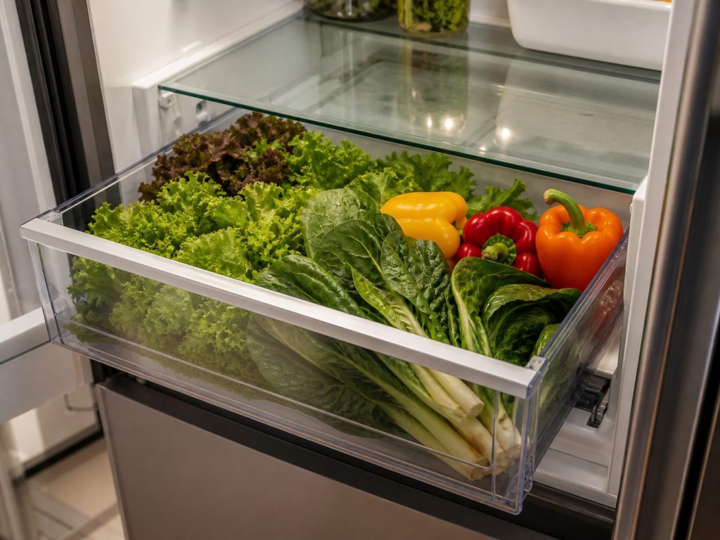 a humidity-controlled crisper drawn out full of produce — the drawer, not the cabinet