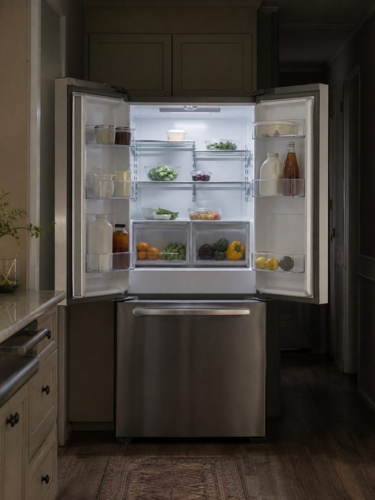 a counter-depth French door with both doors swung wide and the interior lit