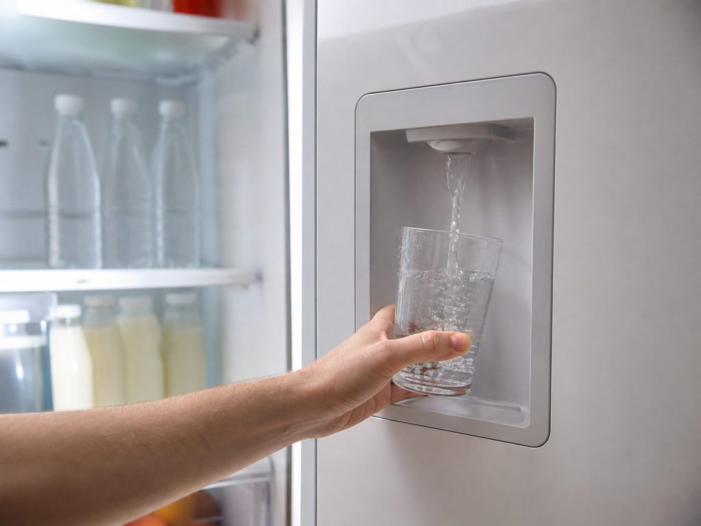 the internal dispenser inside the open door, a glass held under the recessed spout