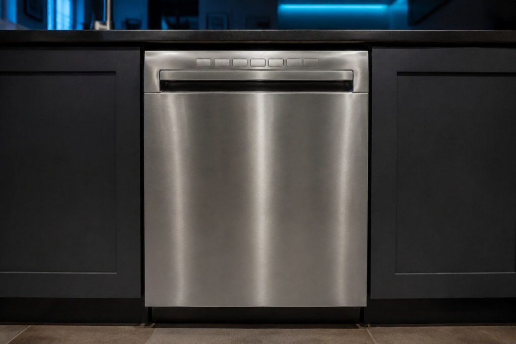 The front of a freestanding stainless dishwasher photographed square on and close, showing the row of unmarked buttons across the top face of the door where the handle is, the door closed, a dark kitchen run either side.