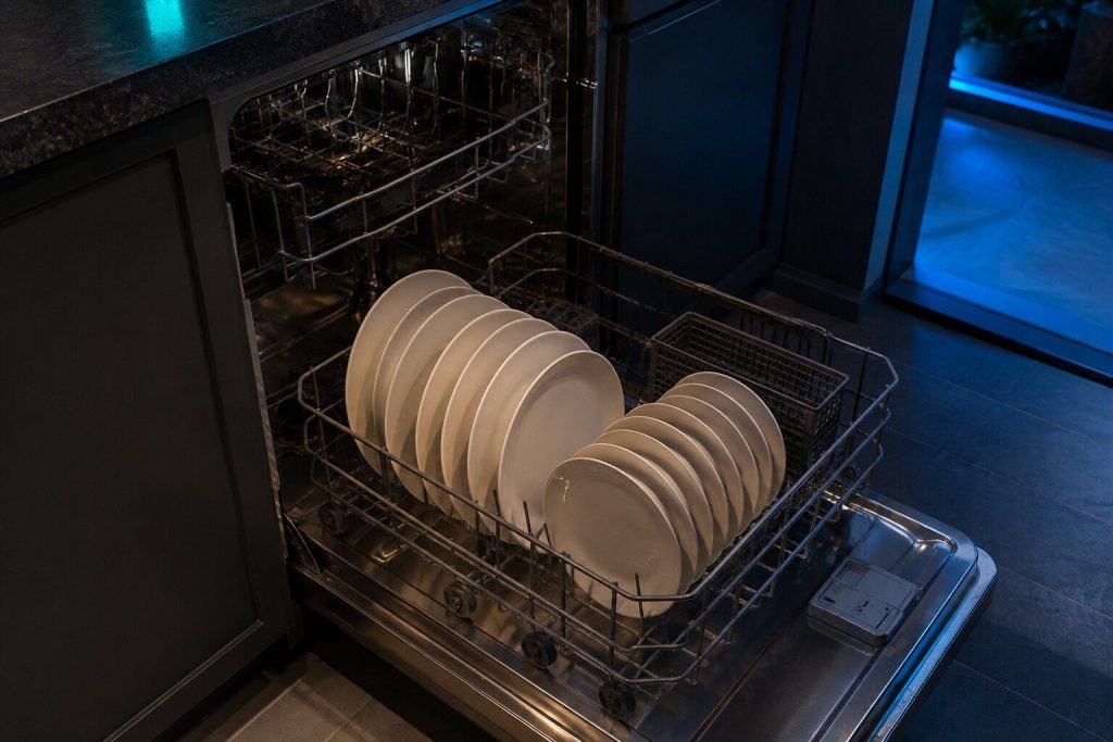 The lower rack of a dishwasher pulled out and loaded with plates standing between fold-down tines, seen from above at a slight angle, the tub around it stainless and dark.