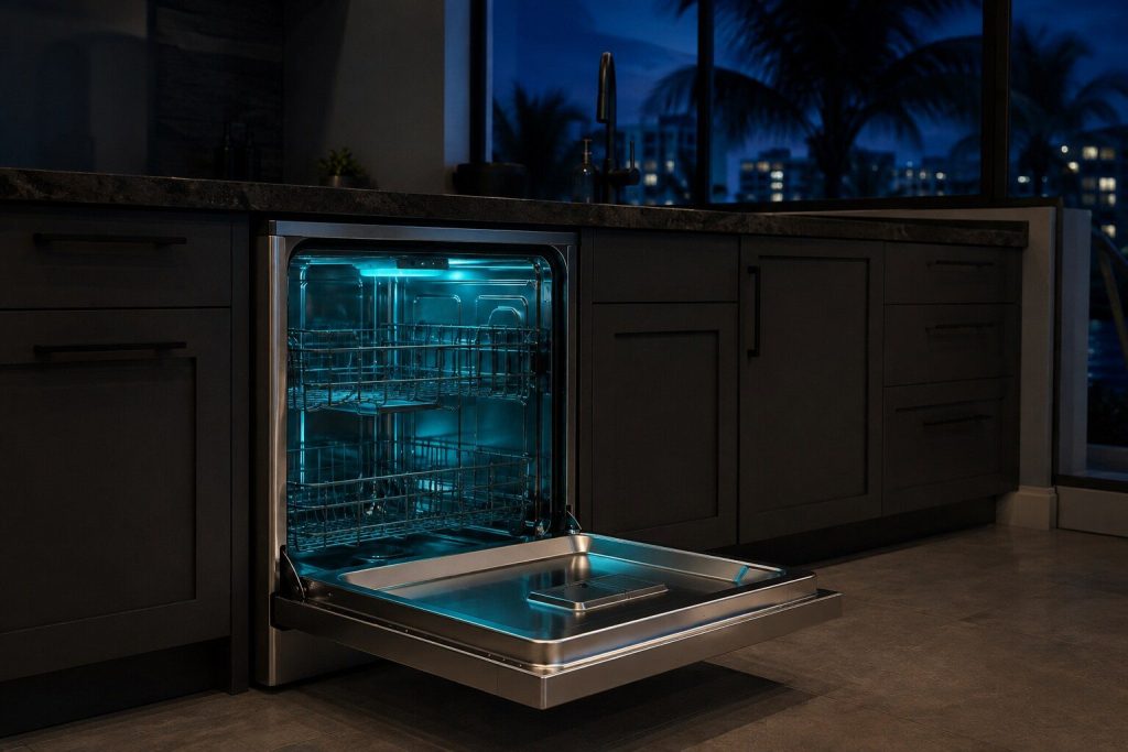 A freestanding stainless dishwasher standing open to horizontal in a run of dark cabinetry under a quartz counter at night, both racks in, the tub lit from inside.