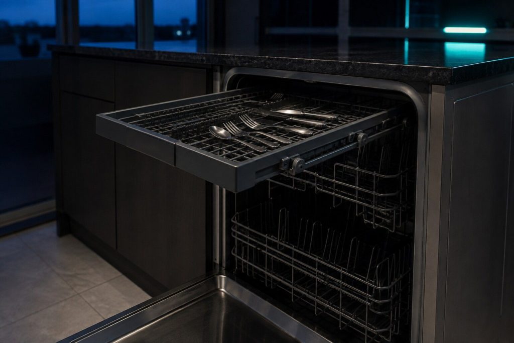 The narrow shallow third rack of a dishwasher rolled fully out on its runners near the top of the tub, flat cutlery laid across it, the two larger racks below in shadow.