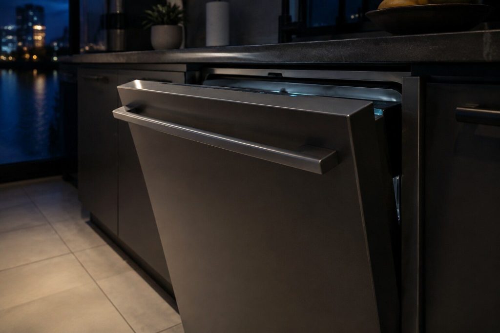 The top edge of a dishwasher door tipped open just far enough to show that the controls are on the inside lip and the outside face is a plain blank panel with only a bar handle.