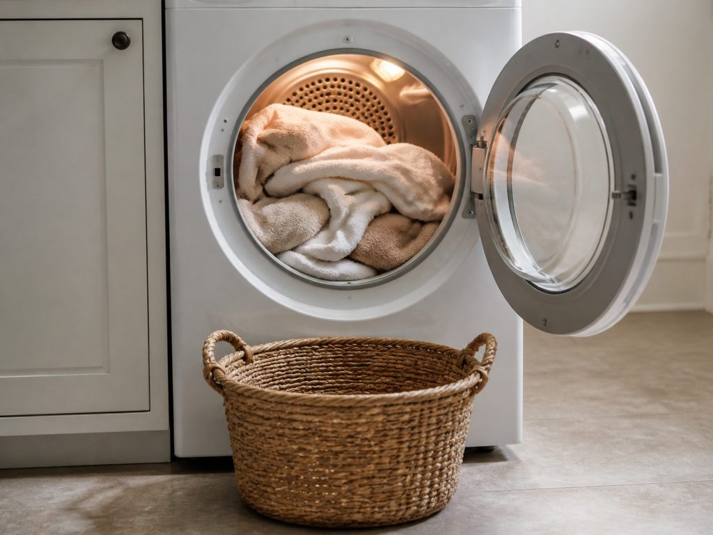 the door open at the end of a cycle on warm towels — an electric front loader doing its job
