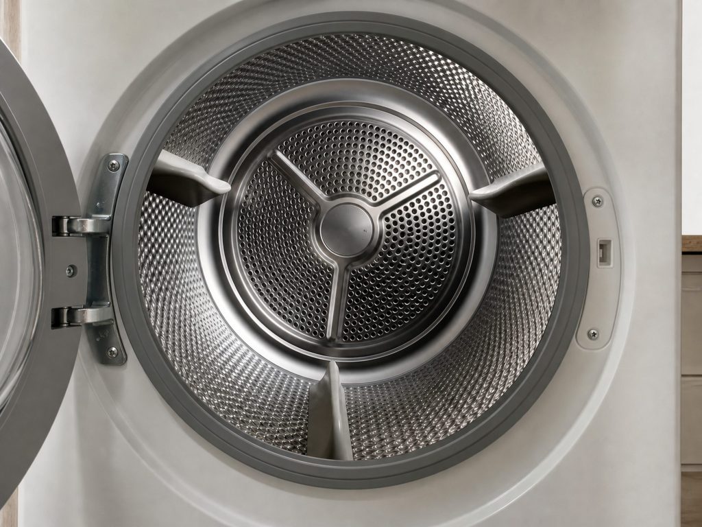 the empty stainless drum through the open door, three lifting vanes