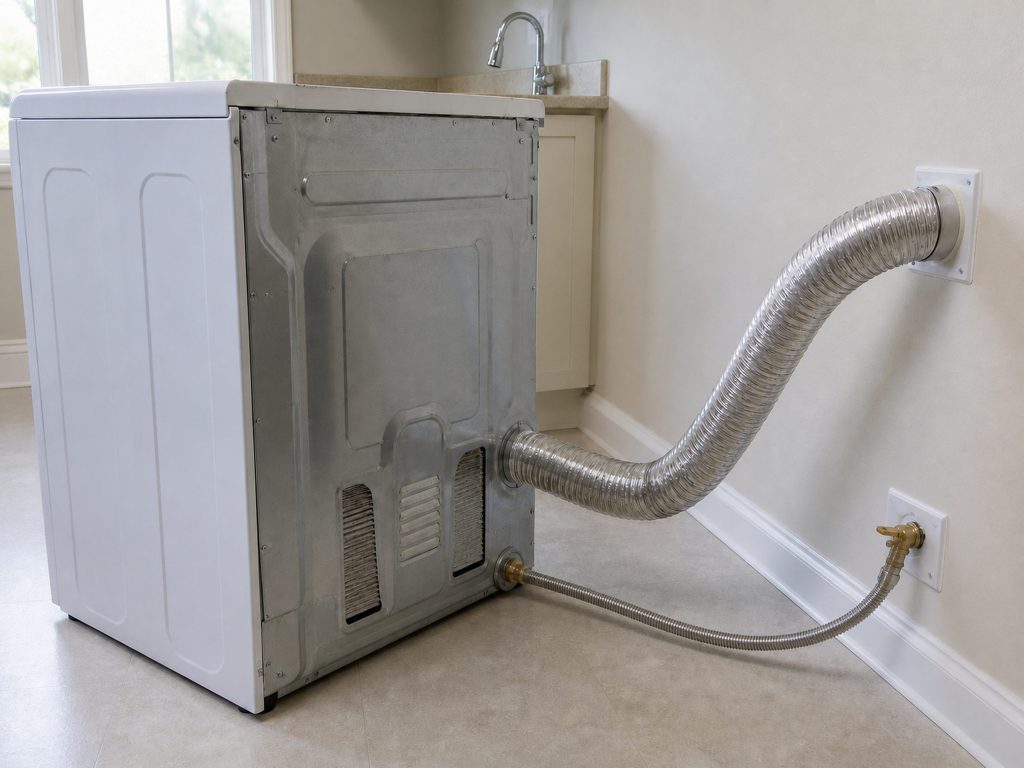 the back of a gas dryer pulled off the wall with the vent duct running to the outlet