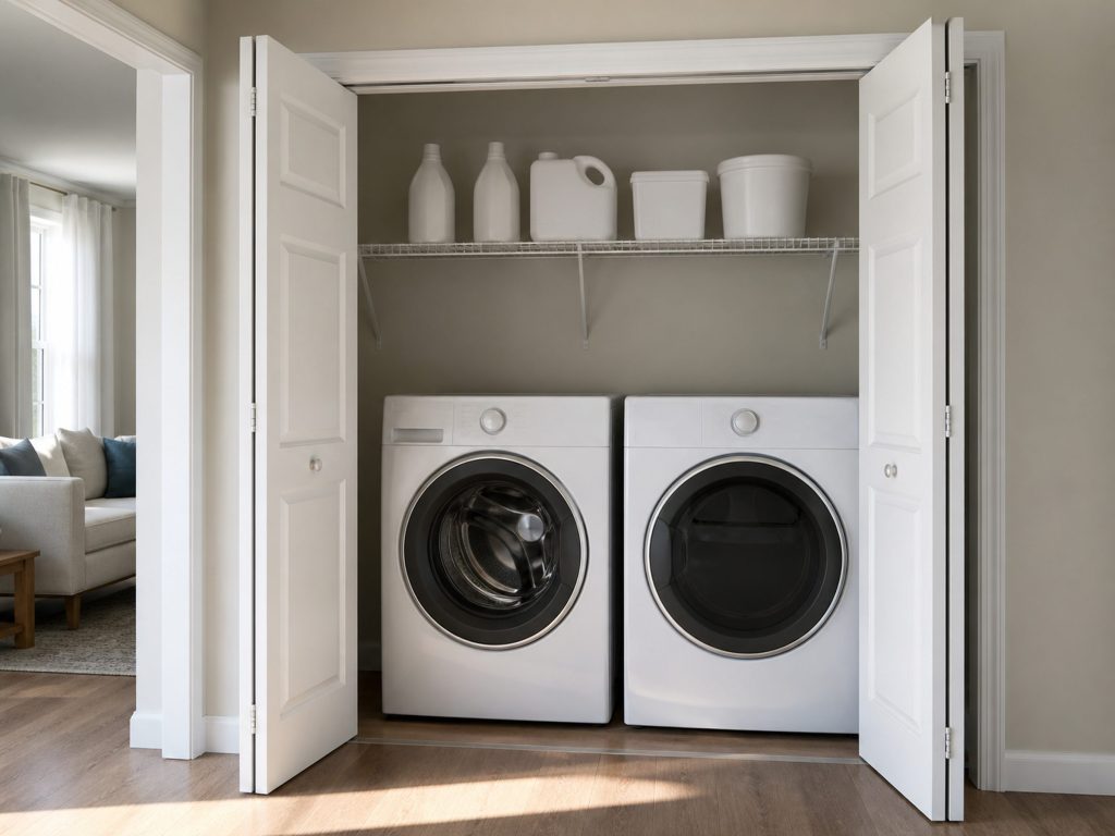 a washer and dryer standing side by side in a laundry closet, folding doors open
