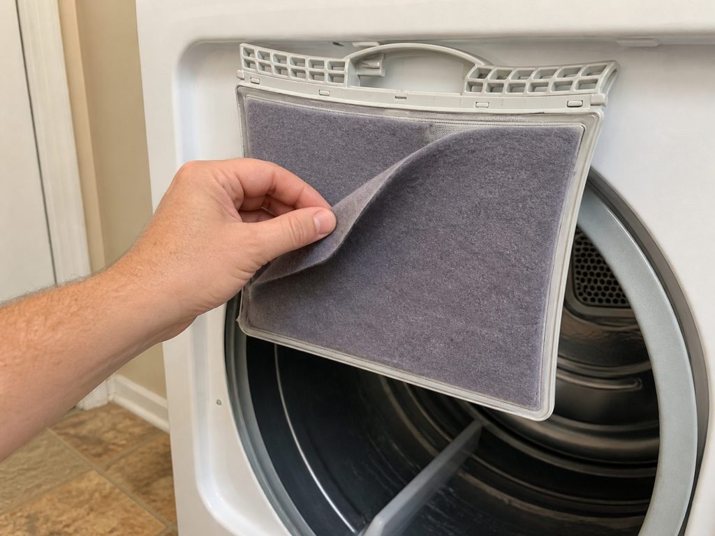 the lint screen drawn up out of the door opening with a mat of lint on it
