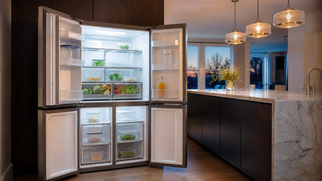 open in a large kitchen with the interior lit — a wide three-door in an open plan