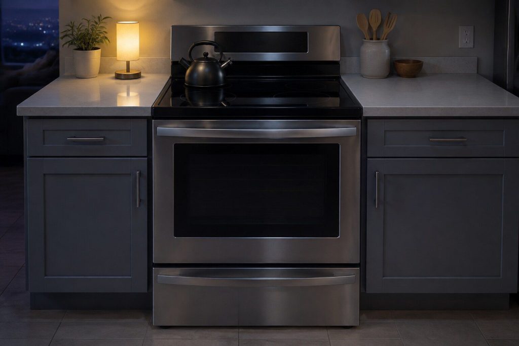 a stainless freestanding electric range with a smooth radiant top between base cabinets
