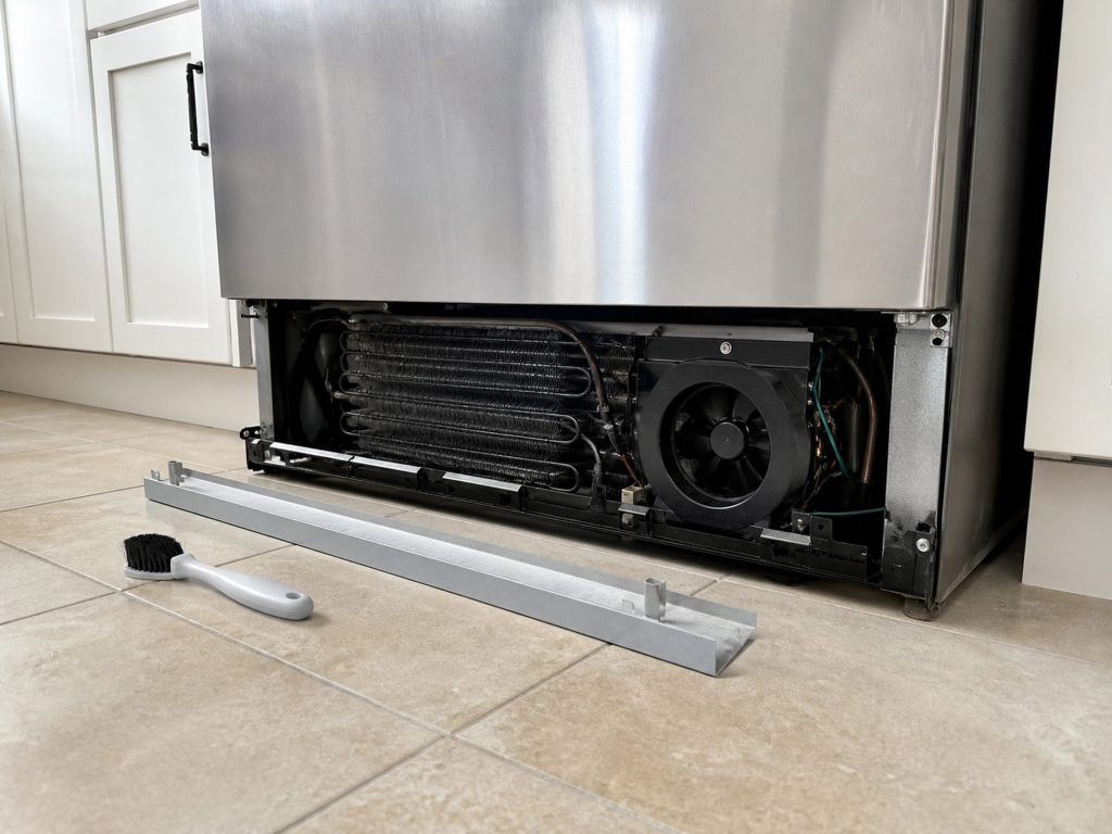 the kickplate off a freestanding cabinet with the condenser and fan visible — this make is freestanding and the coil is reached this way