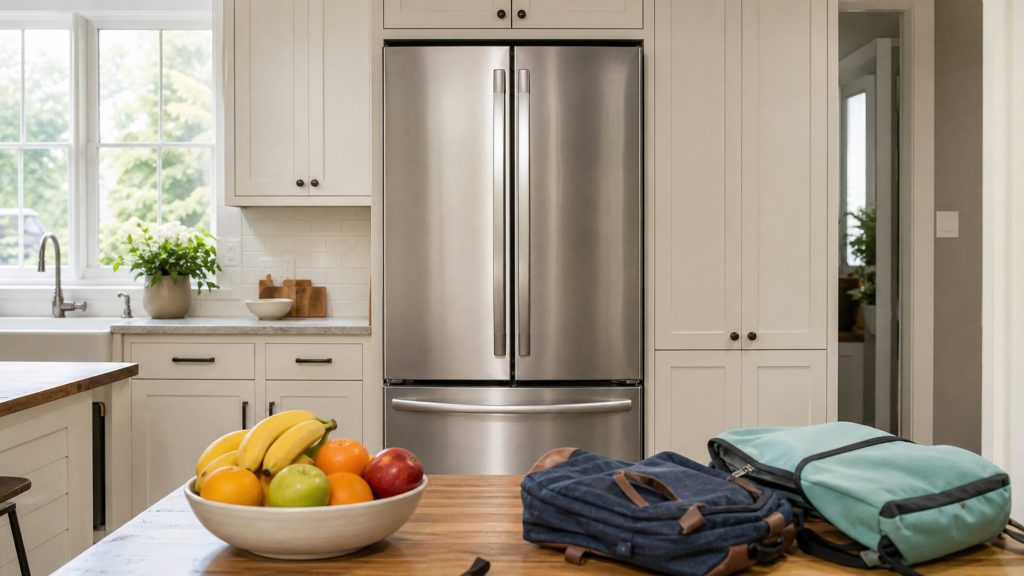 closed, in a family kitchen at breakfast — the everyday three-door rather than a showroom shot