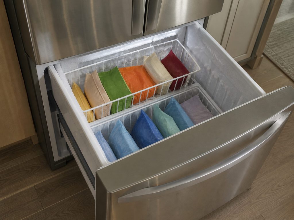 the lower freezer drawer open on two wire baskets